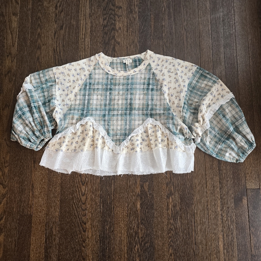 POL Green Plaid Flannel Mixed Media Patchwork Balloon Sleeve Baby Doll Top - Picture 9 of 15